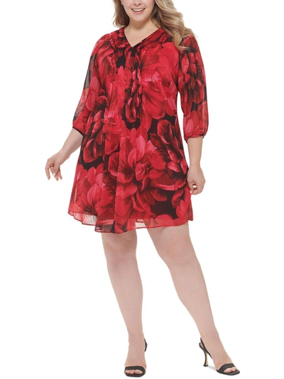 Calvin Klein Plus Womens Floral Pintuck Cocktail And Party Dress In Red
