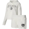COLLEGE CONCEPTS COLLEGE CONCEPTS CREAM BROOKLYN NETS FLUFFY LONG SLEEVE HOODIE T-SHIRT & SHORTS SLEEP SET