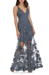 Dress The Population Sidney V-neck A-line Lace Floral Appliqué Gown In Steel