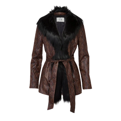 Marei 1998 Powderpuff Snake Faux Leather Robe Jacket With Black Faux Fur Collar In Brown