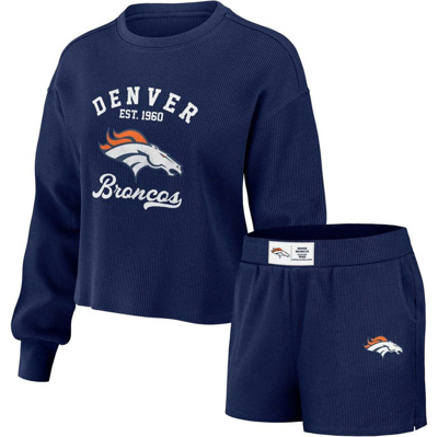 Wear By Erin Andrews Navy Denver Broncos Waffle Knit Long Sleeve T-shirt & Shorts Lounge Set