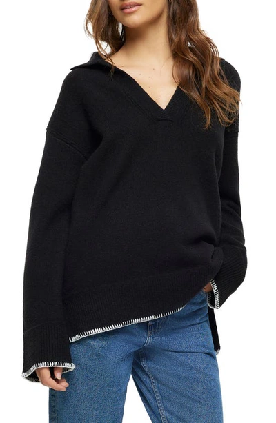 River Island Whipstitch Trim Polo Sweater In Black