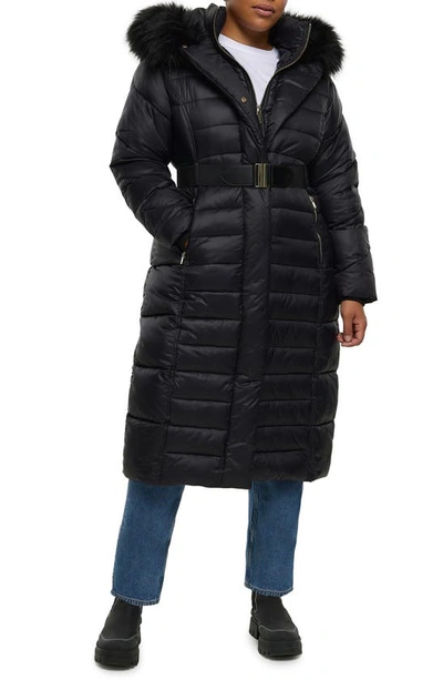 Fur River Island Black Longline Belted Puffer Coat River Island