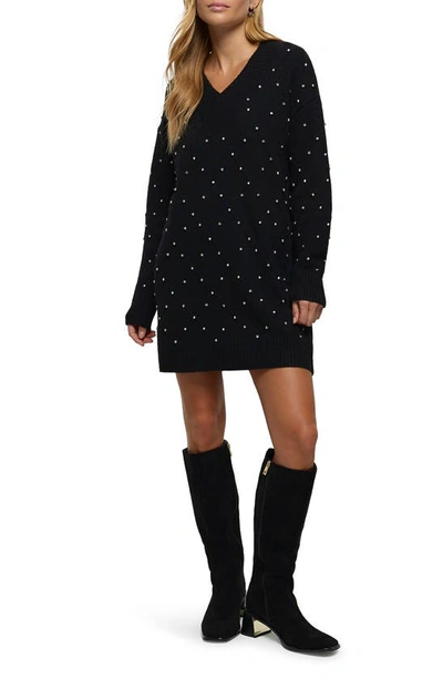 River Island Leonie Crystal Embellished Long Sleeve Jumper Dress In Black