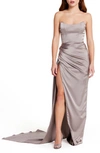 Katie May Bita Strapless Satin Gown In Metal