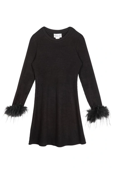 Stella 88 Kids' Faux Feather Trim Long Sleeve Rib Jumper Dress In Black