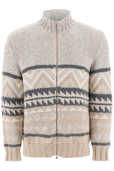 Brunello Cucinelli Intarsia-knit Cashmere Zipped Cardigan In Cream