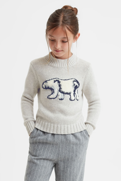 Reiss Kids' Polli - Grey Junior Casual Knitted Polar Bear Jumper, Age 5-6 Years