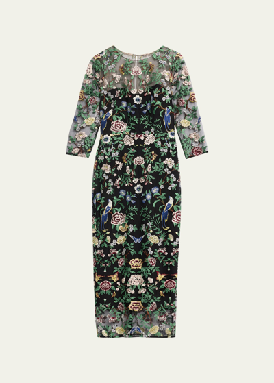 Marchesa Notte Long Botanical Embroidered Midi Dress In Black