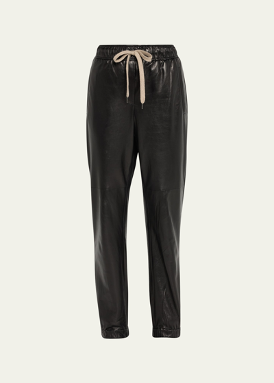 Brunello Cucinelli Glossy Napa Leather Track Trousers With Elasticated Waist In C101 Black