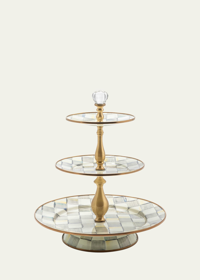 MACKENZIE-CHILDS STERLING CHECK ENAMEL THREE TIER SWEET STAND