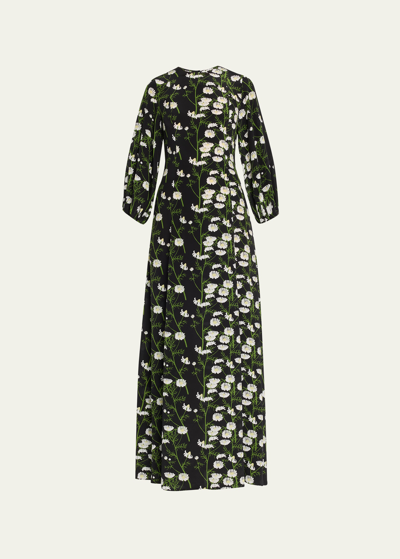 Bernadette Roxy Floral-print Bracelet-sleeve Silk Maxi Dress In Rooted Daisy Blac