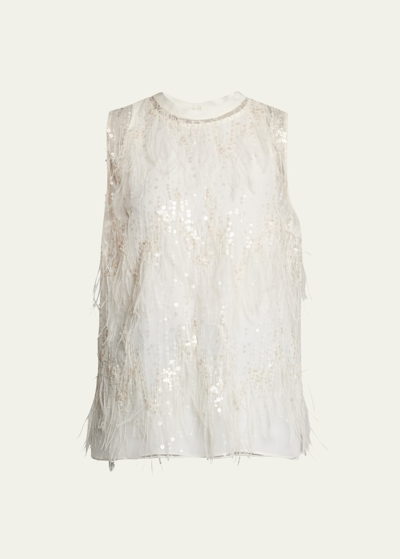 Brunello Cucinelli Sequin And Ostrich Feather Embellished Tank Top In C600 Natural