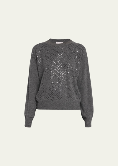 Brunello Cucinelli Sequined Triangle Wool-cashmere Sweater In Grey