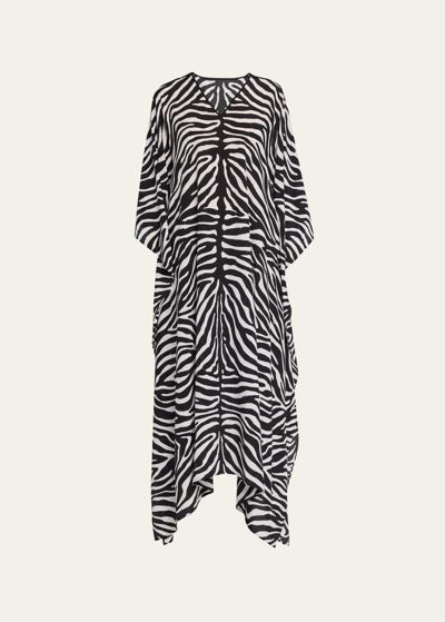 Michael Kors V-neck Zebra-print Asymmetric Silk Caftan In Blackoptw