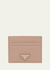 Prada Triangle Logo Leather Card Case In Beige