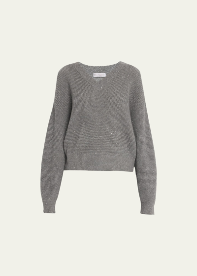 Brunello Cucinelli Cashmere Waffle Knit Sweater With Micro Paillettes In Medium Grey