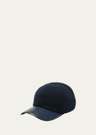 Inverni Woven Cashmere-wool & Leather Baseball Cap In 7408 Navy
