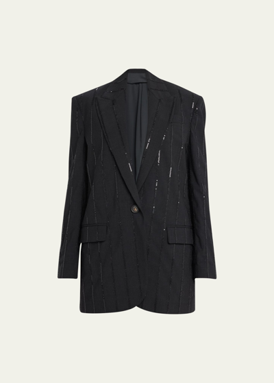 Brunello Cucinelli Vertical Beaded Pinstripe Wool Blazer Jacket In C2803 Onyx