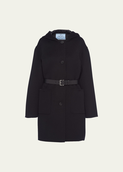 Prada Belted Hooded Wool Coat In F0700 Nero Grigio