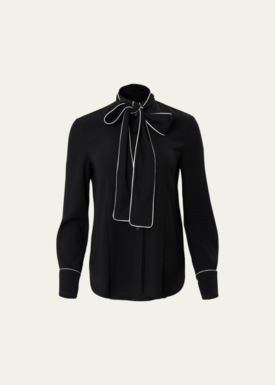 Carolina Herrera Piping-trimmed Pussy Bow Blouse In Black Pearl