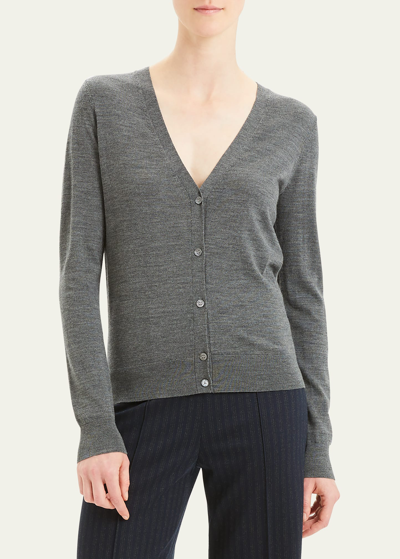 Theory V-neck Button-front Regal Wool Cardigan In Cool Heather Grey