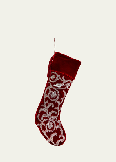 Sudha Pennathur Red Ash Velvet Christmas Stocking With Silver Beading In Burgundy