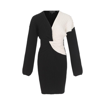Armani Exchange 女士穿棉条纹设计撞色修身显瘦长袖v领直筒连衣短裙 In Black