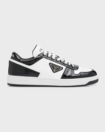 Prada Men's Downtown Patent Leather Low-top Sneakers In Black White