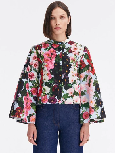 Oscar De La Renta Bell Sleeve Hollyhocks Cotton Poplin Blouse In Pink/pale Blue