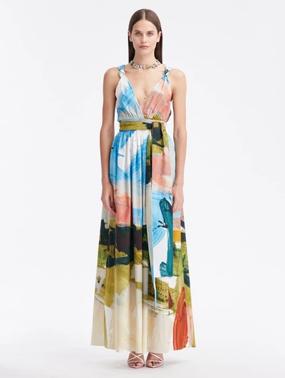 Oscar De La Renta Landscape Stretch-cotton Maxi Dress In Multi