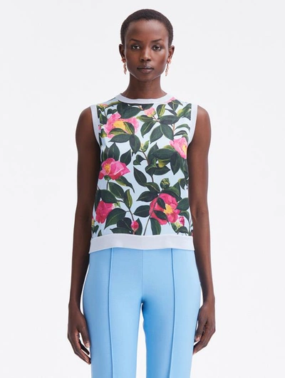 Oscar De La Renta Camellia Print Inset Tank Top In Pink Pale Blue