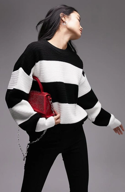 Topshop Knitted Stripe Oversized Sweater In Mono-multi