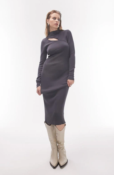 Topshop Cutout Rib Long Sleeve Sweater Dress In Slate