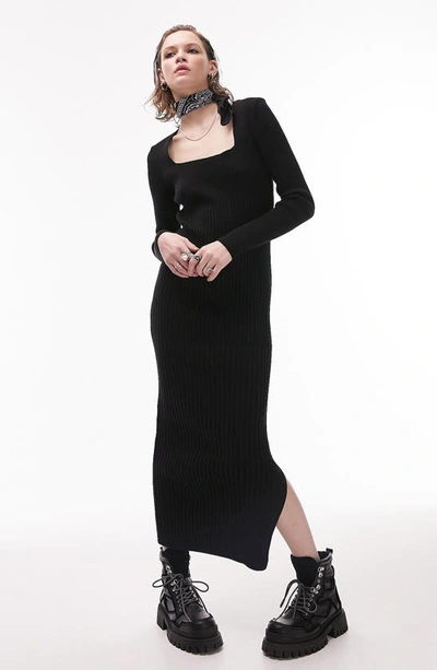 Topshop Rib Long Sleeve Maxi Sweater Dress In Black