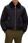Noize Brian Faux Shearling Collar Water Resistant Short Bomber Jacket In Black