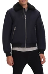 Noize Brian Faux Shearling Collar Water Resistant Short Bomber Jacket In Navy Eclipse