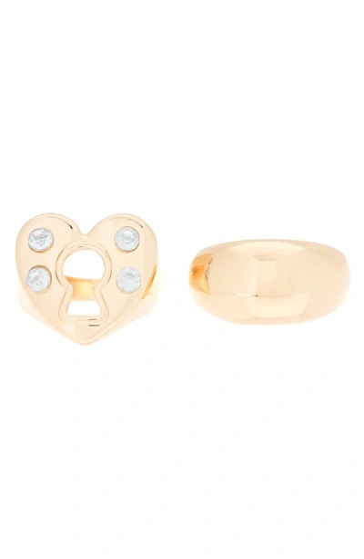 Melrose And Market Heart Padlock Crystal 2-pack Rings In Clear- Gold