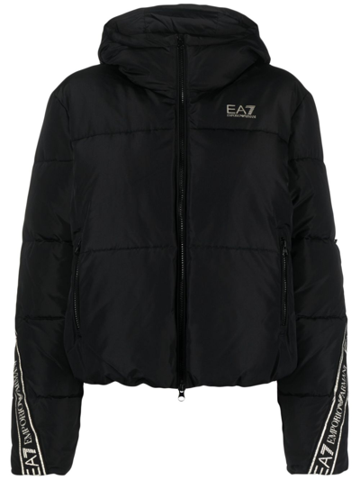 Ea7 Logo-tape Hooded Padded Jacket In Black