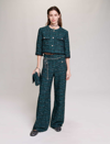 Maje Belted Metallic Bouclé-tweed Wide-leg Pants In Bottle Green /