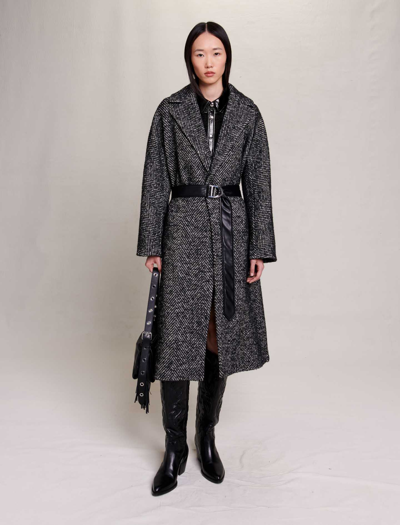 Maje Long Herringbone Coat For Fall/winter In Black