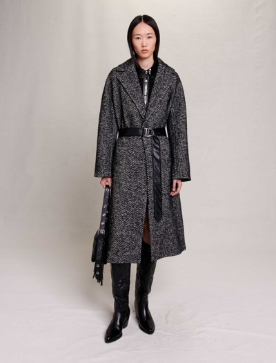 Maje Women's Long Herringbone Coat In Black White