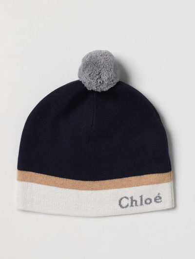 Chloé Logo Cotton And Wool Beanie In Blue