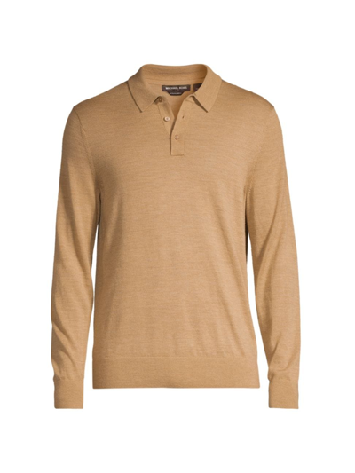 Michael Kors Merino Wool Regular Fit Long Sleeve Polo Shirt In Dark Camel Melange