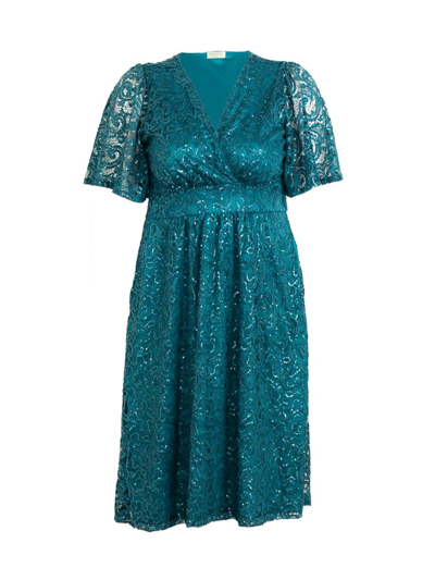 Kiyonna Women's Plus Size Starry Sequined Lace Cocktail Dress In Teal Topaz