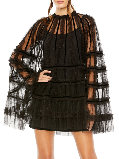 Mac Duggal Bell Sleeve Ruffle Tulle Cocktail Minidress In Black