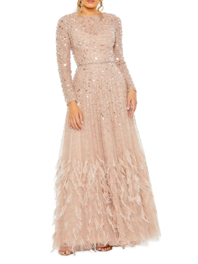 Mac Duggal Disc Embellished Sequin Gown With Feather Detail In Dusty Rose