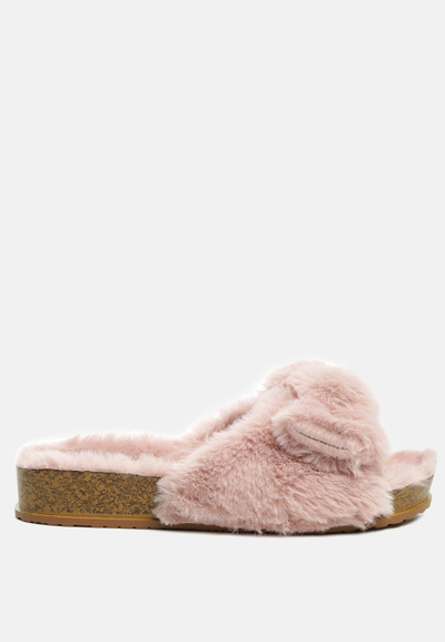 London Rag Fuzz Bow Fur Flats In Pink