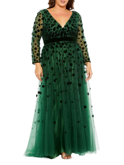 Mac Duggal Women's Velvet Flower Tulle Gown In Emerald