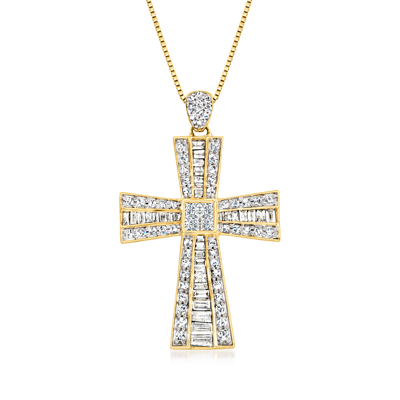 Ross-simons Diamond Cross Pendant Necklace In 14kt Yellow Gold In Silver